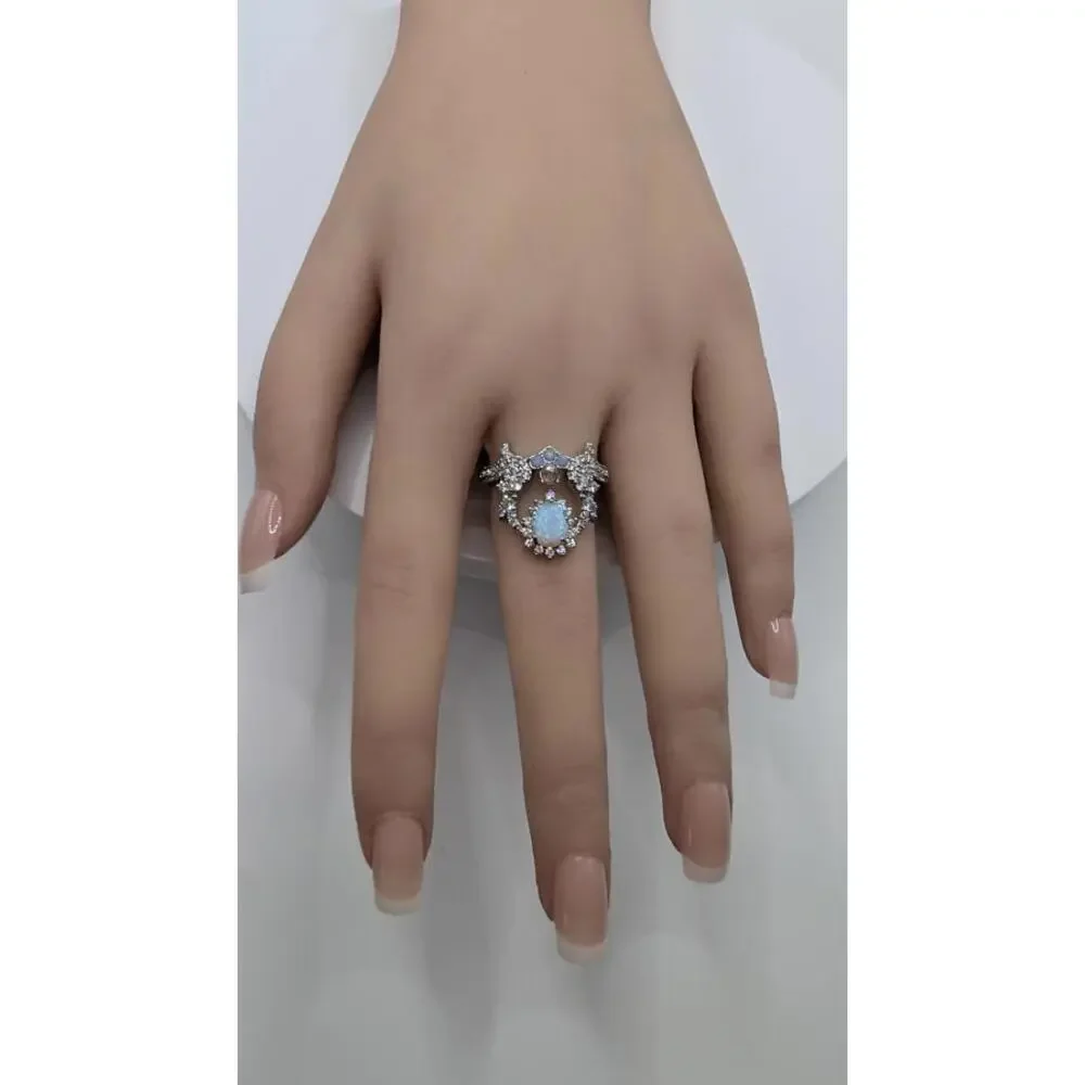 Elegant Opal and Crystal Silver Ring Size 9